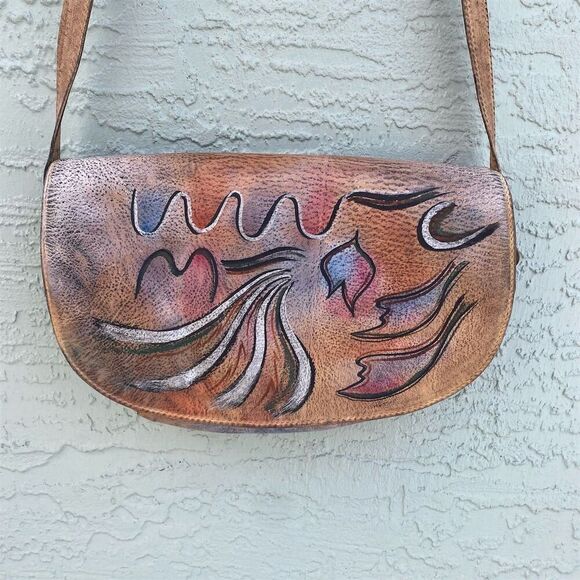 Vintage Botary Leather Shoulder Bag Multicolor Hand-Painted Design - Picture 1 of 11